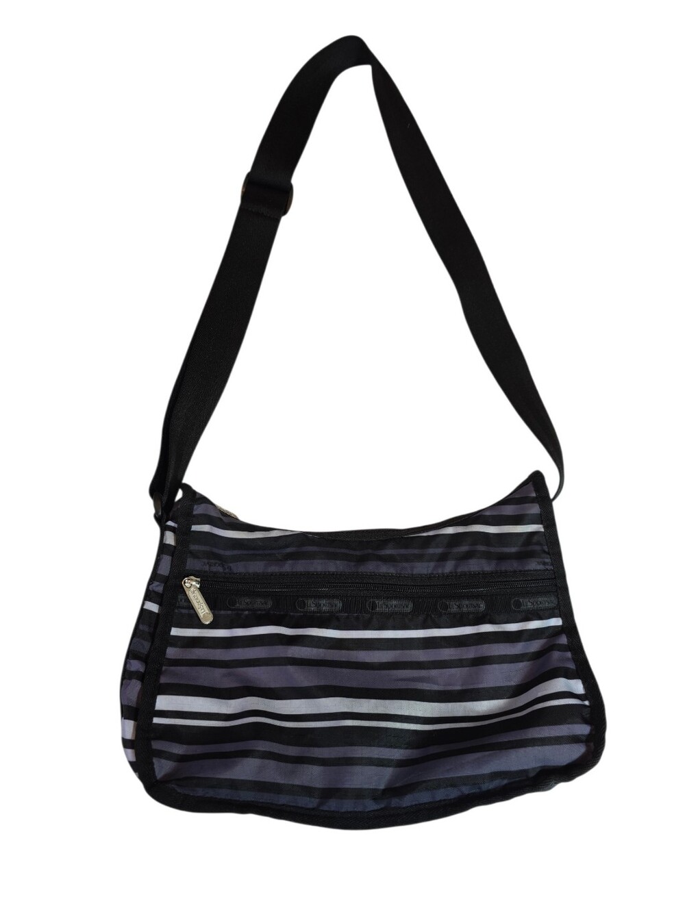 LeSportsac Retired Line UP Classic Hobo Crossbody Bag Striped Black Gray EUC